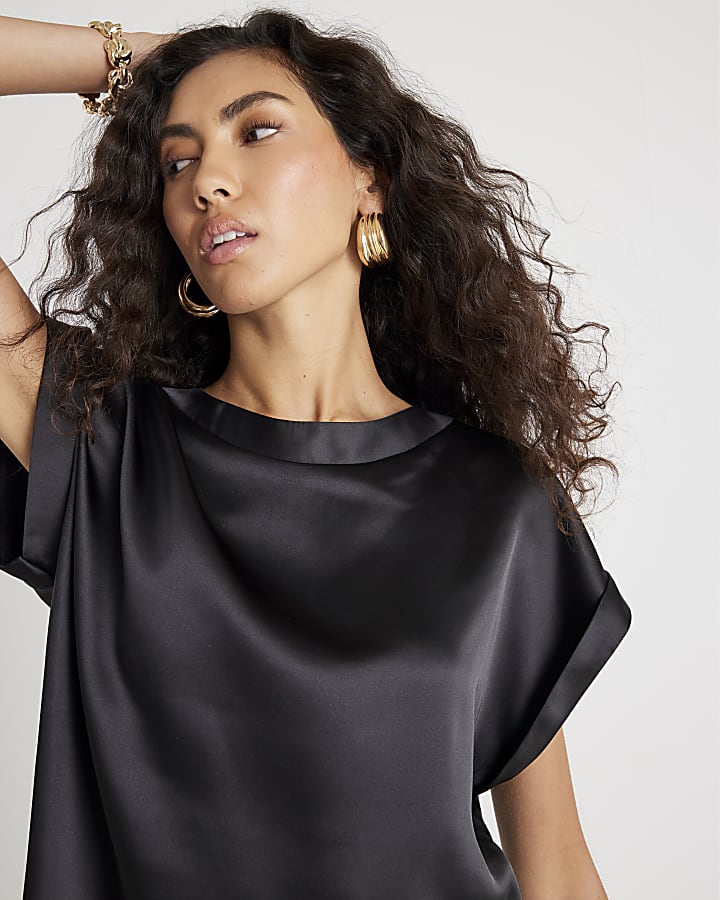 Black Satin Short Sleeve Turn Back Cuff Top
