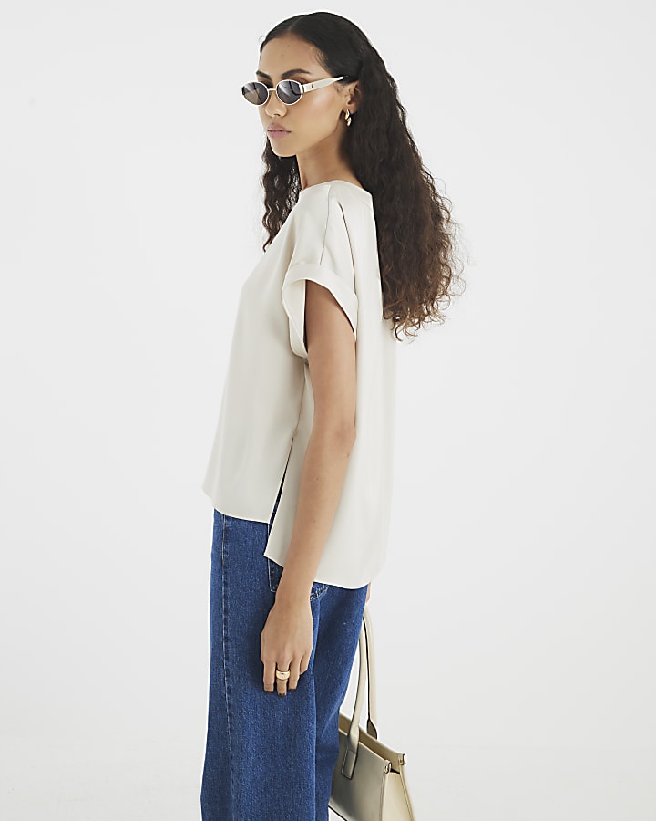 Cream Satin Turn Back Cuff T-shirt