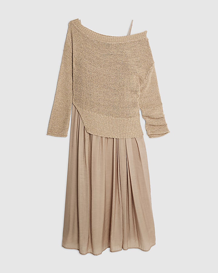 Beige Long Sleeve Hybrid Midi Dress