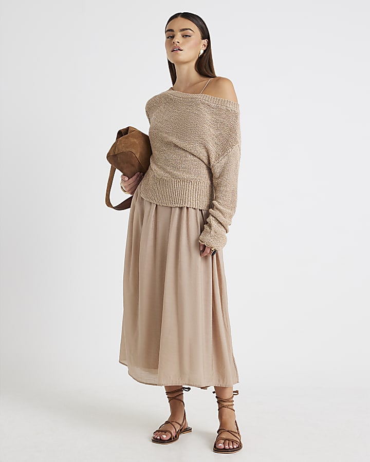 Beige Long Sleeve Hybrid Midi Dress