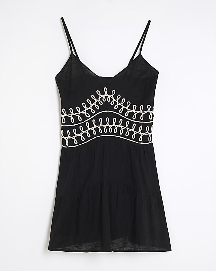 Black Sleeveless Embroidered Mini Beach Dress