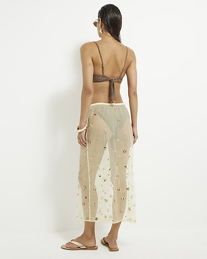 Yellow Mesh Embellished Midi Beach Skirt
