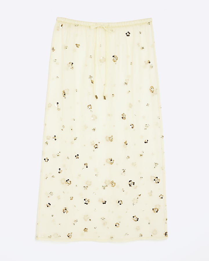 Yellow Mesh Embellished Midi Beach Skirt