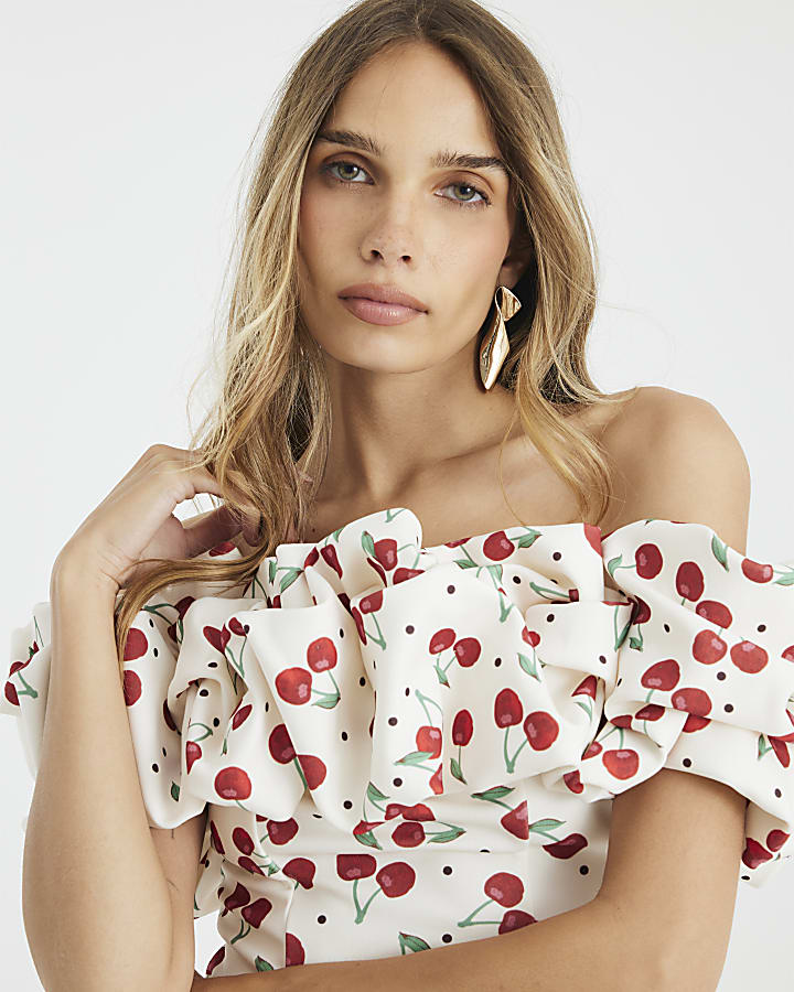 Cream Cherry Print Ruffle Bardot Top