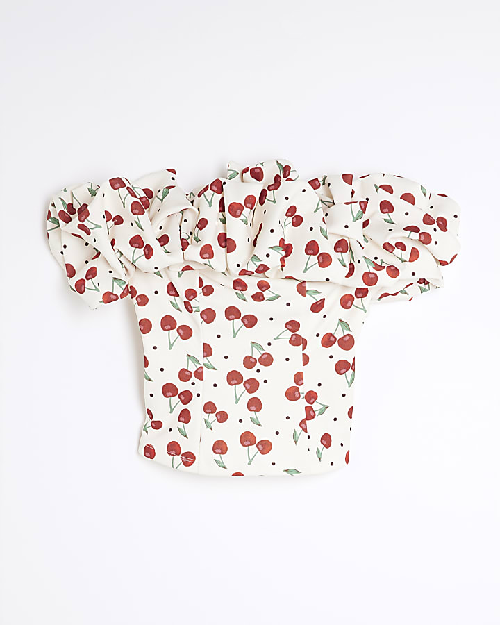 Cream Cherry Print Ruffle Bardot Top