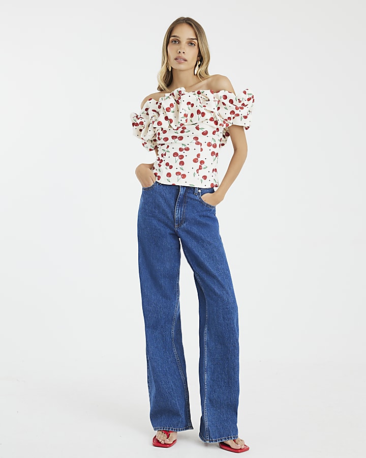 Cream Cherry Print Ruffle Bardot Top
