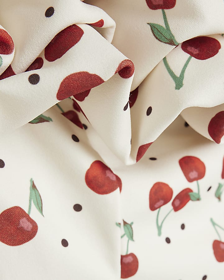 Cream Cherry Print Ruffle Mini Bardot Dress