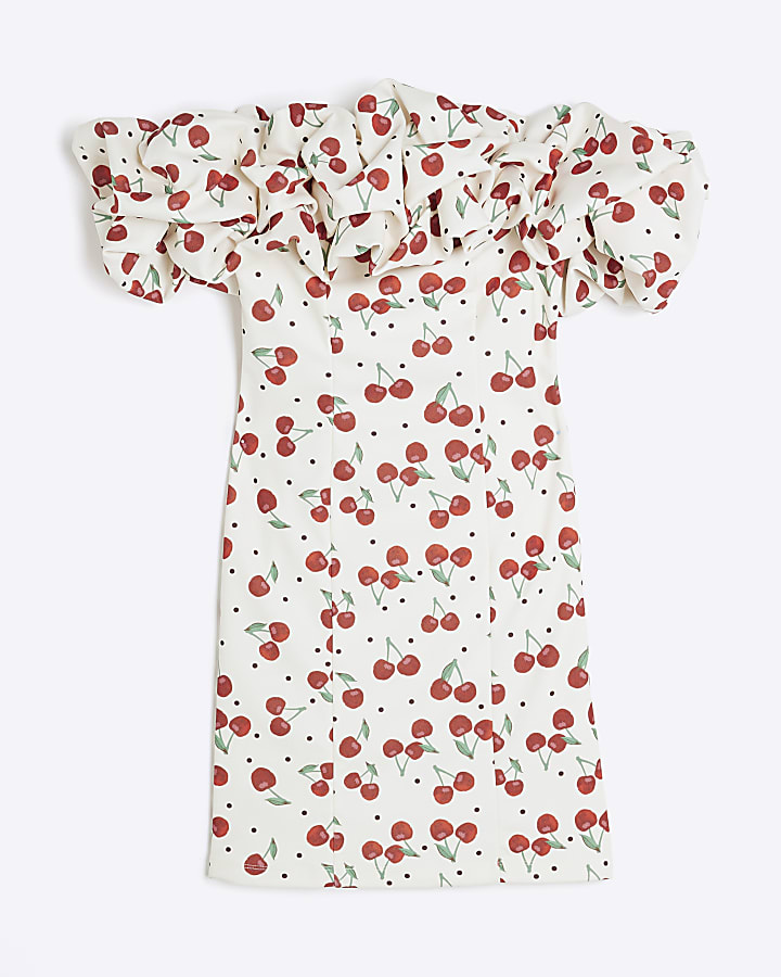 Cream Cherry Print Ruffle Mini Bardot Dress