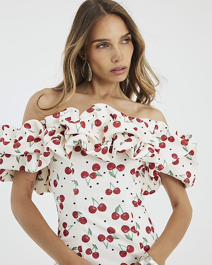 Cream Cherry Print Ruffle Mini Bardot Dress