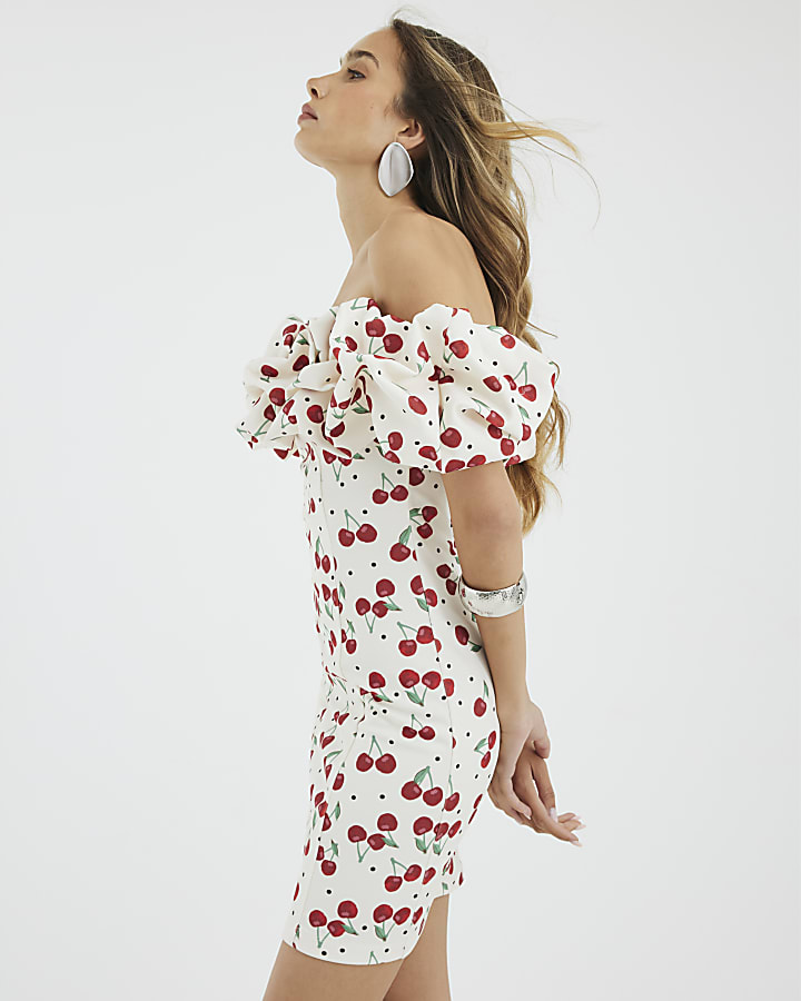 Cream Cherry Print Ruffle Mini Bardot Dress