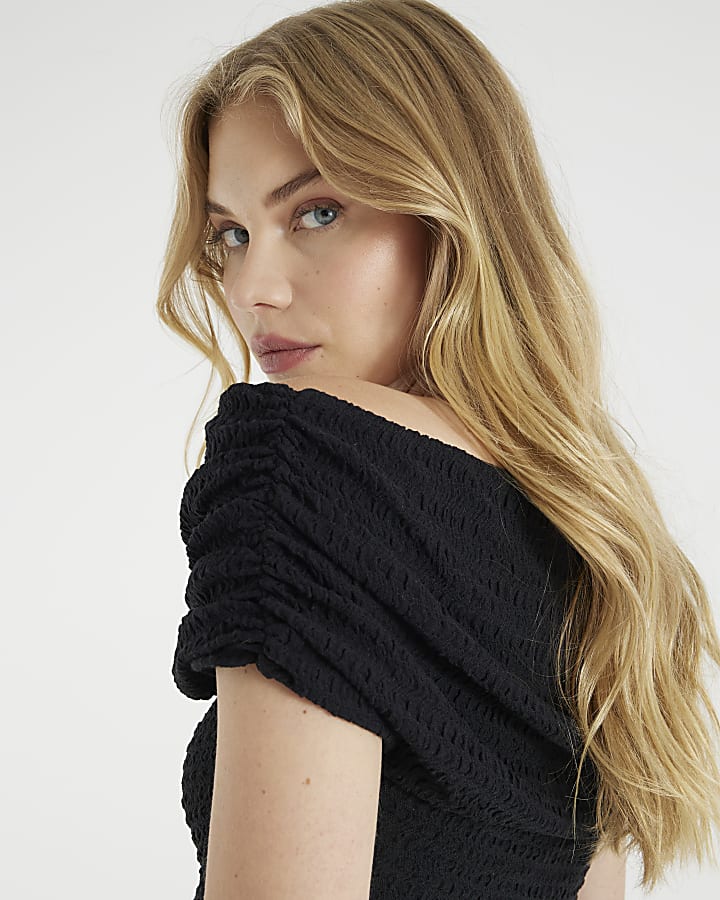 Black Textured Off The Shoulder Top