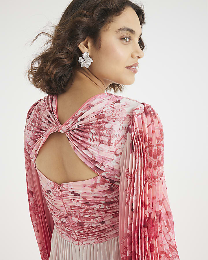 Pink Floral Long Sleeve Plisse Maxi Dress