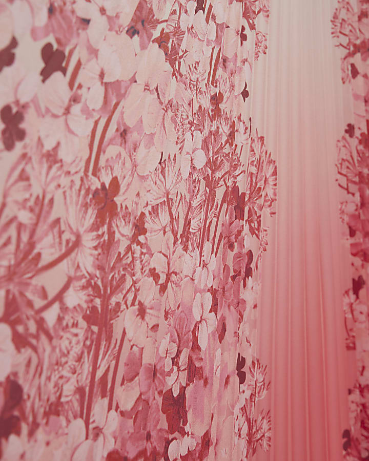 Pink Floral Long Sleeve Plisse Maxi Dress