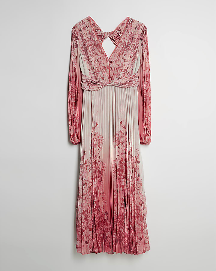 Pink Floral Long Sleeve Plisse Maxi Dress
