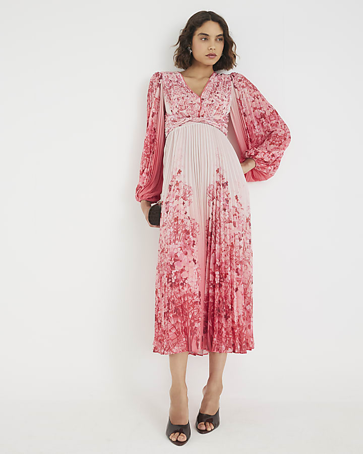 Pink Floral Long Sleeve Plisse Maxi Dress