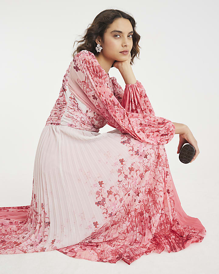Pink Floral Long Sleeve Plisse Maxi Dress