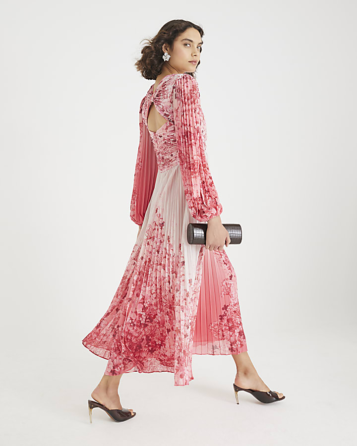 Pink Floral Long Sleeve Plisse Maxi Dress