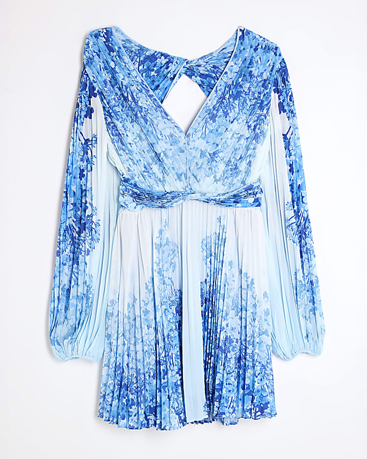 Blue Floral Long Sleeve Plisse Mini Dress