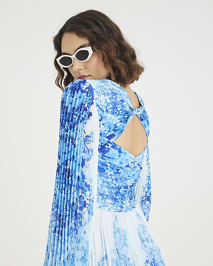 Blue Floral Long Sleeve Plisse Mini Dress