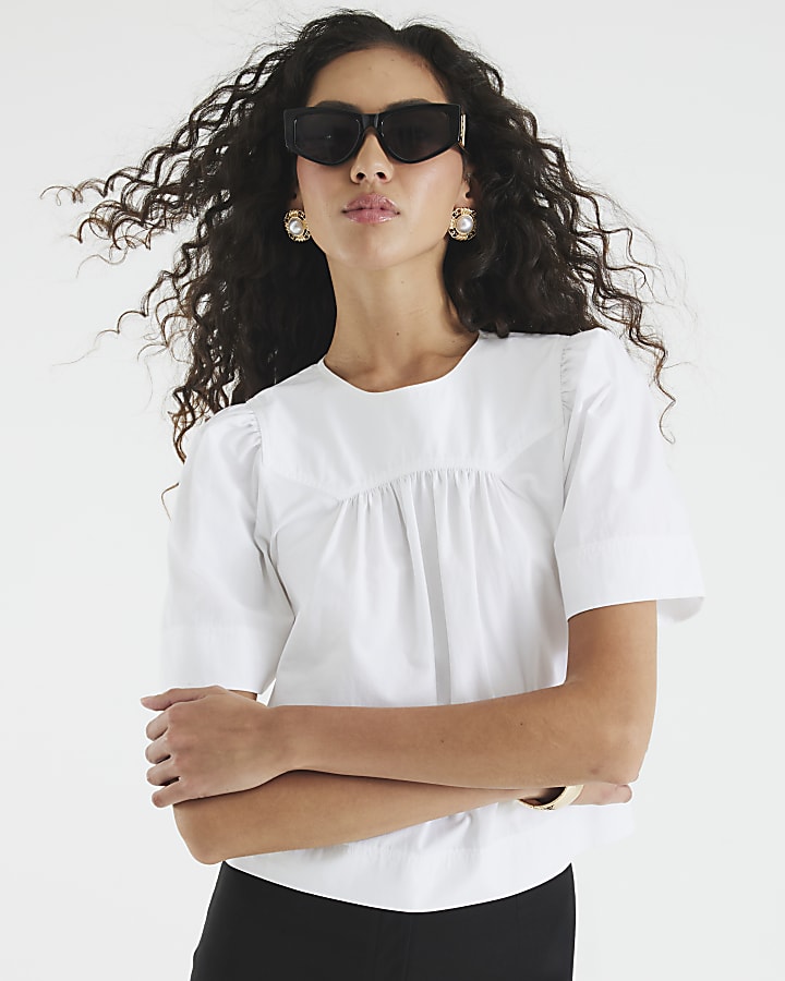 White Poplin Short Sleeve Smock Top