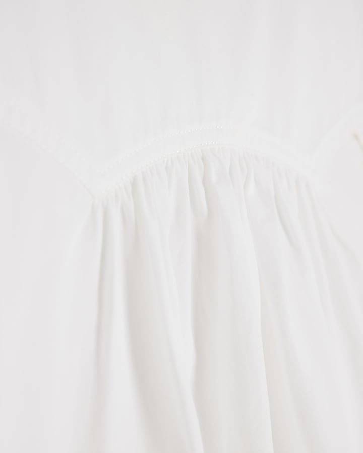 White Poplin Short Sleeve Smock Top