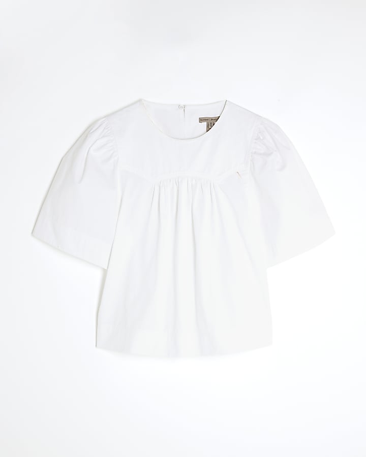 White Poplin Short Sleeve Smock Top