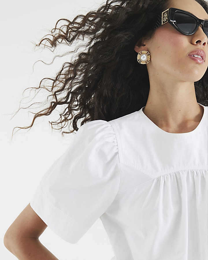 White Poplin Short Sleeve Smock Top