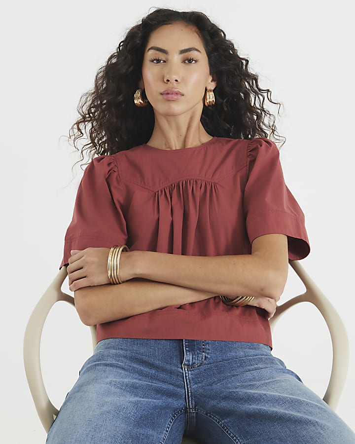 Red Poplin Short Sleeve Smock Top