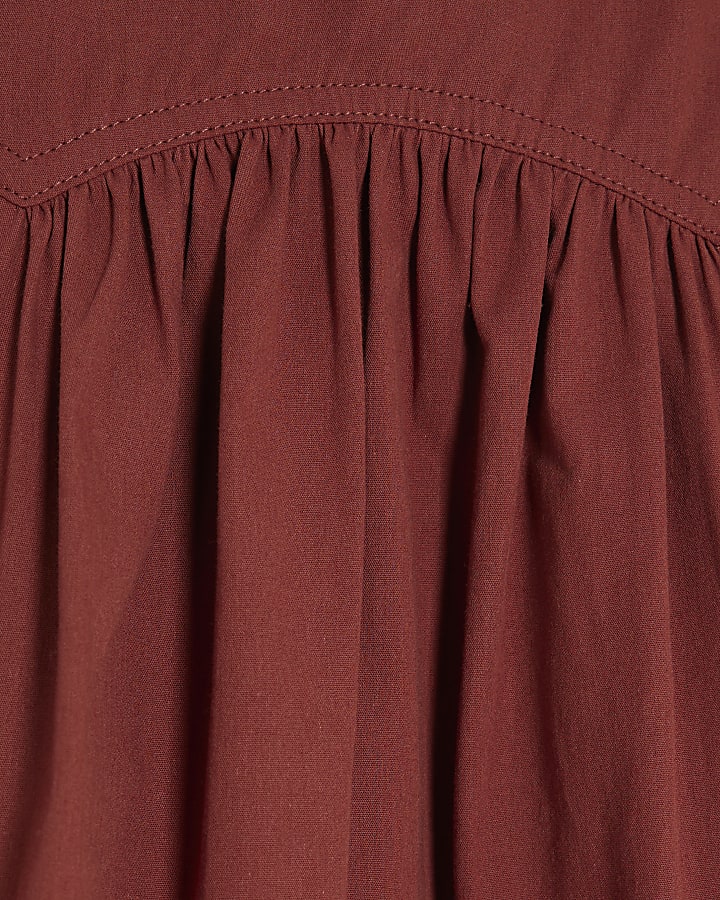 Red Poplin Short Sleeve Smock Top