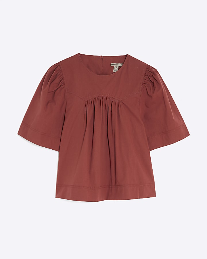 Red Poplin Short Sleeve Smock Top