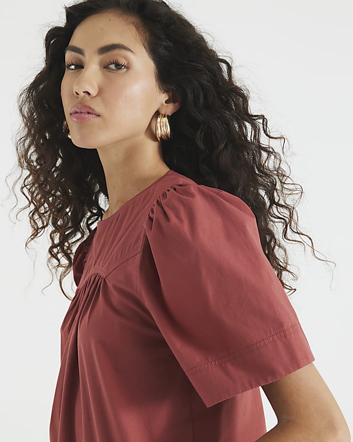 Red Poplin Short Sleeve Smock Top