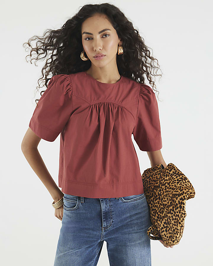 Red Poplin Short Sleeve Smock Top