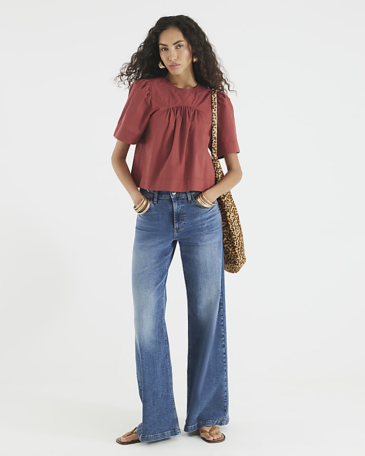 Red Poplin Short Sleeve Smock Top