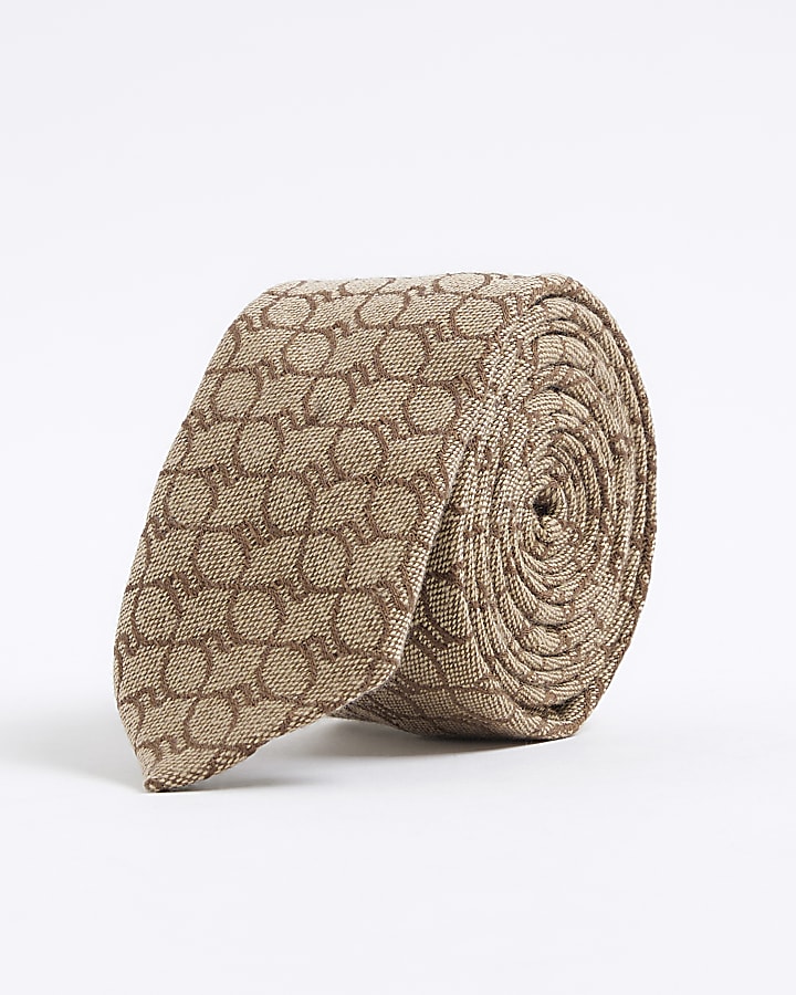 Beige RI Monogram Print Tie