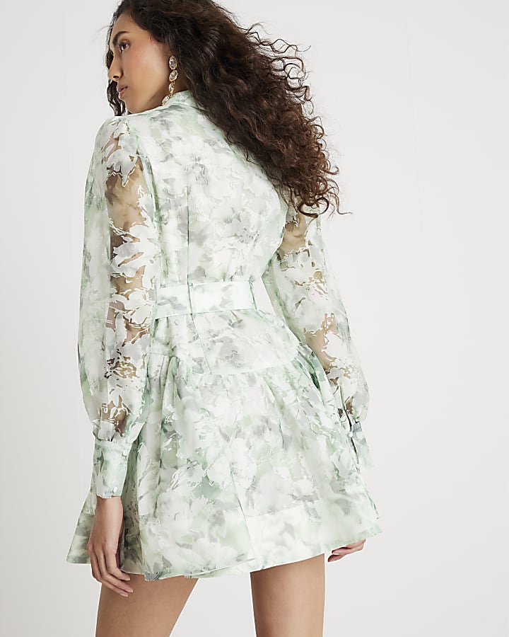 Green Premium Floral Belted Mini Dress