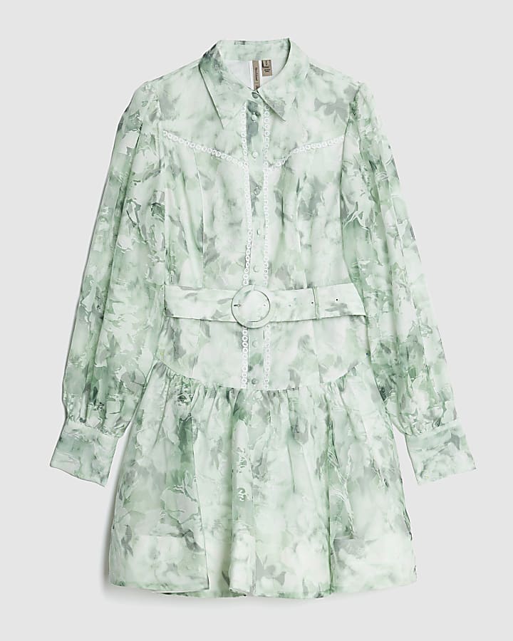 Green Premium Floral Belted Mini Dress