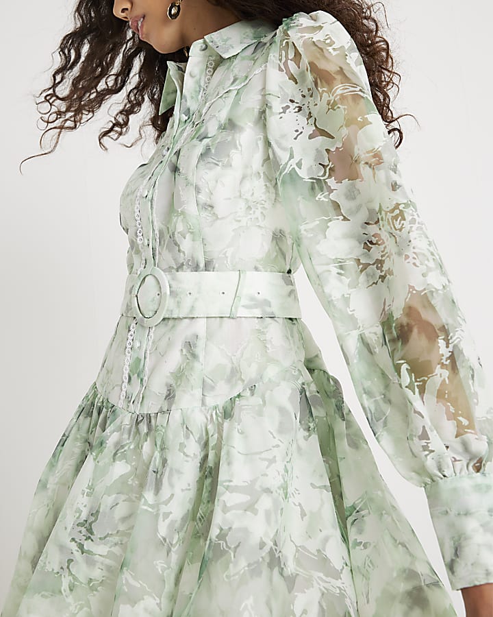 Green Premium Floral Belted Mini Dress