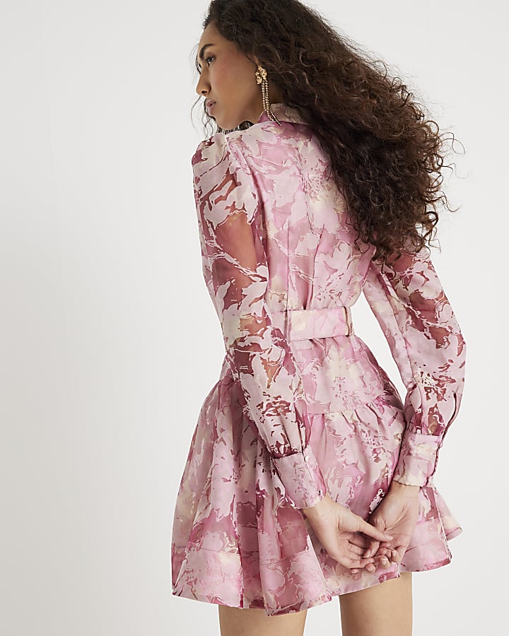 Pink Premium Floral Belted Mini Dress