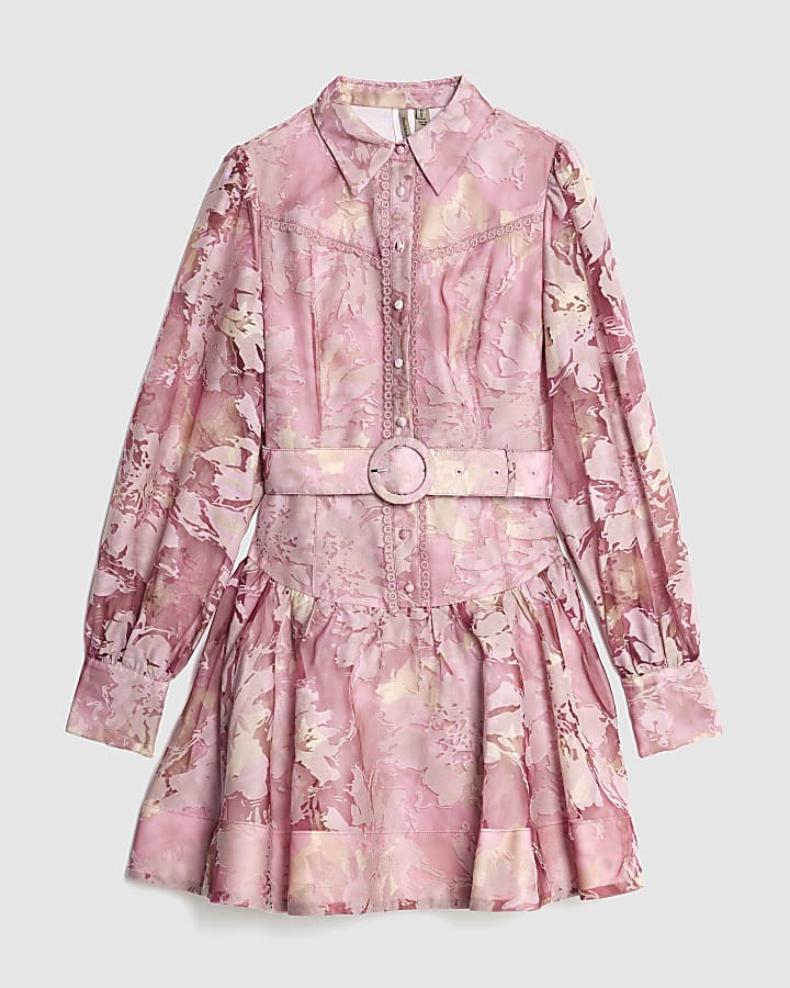 Pink Premium Floral Belted Mini Dress