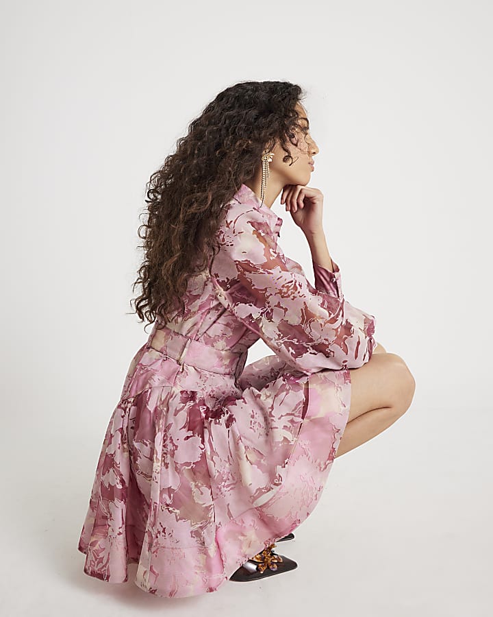 Pink Premium Floral Belted Mini Dress