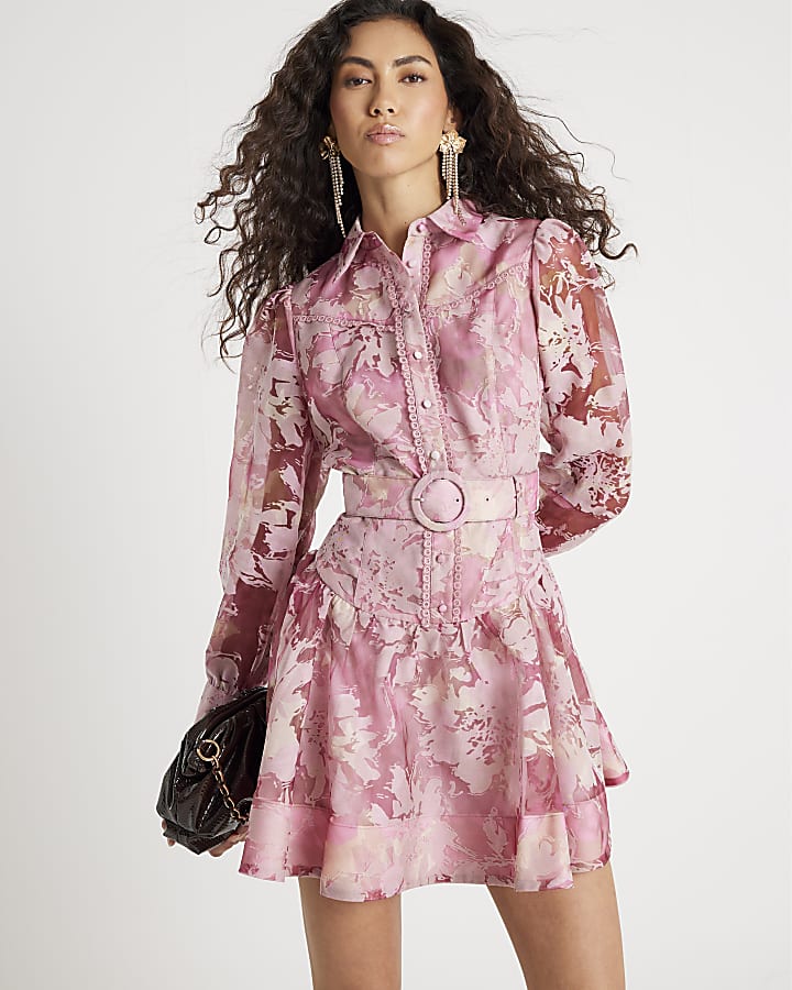 Pink Premium Floral Belted Mini Dress