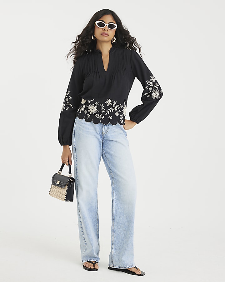 Black Long Sleeve V Neck Blouse