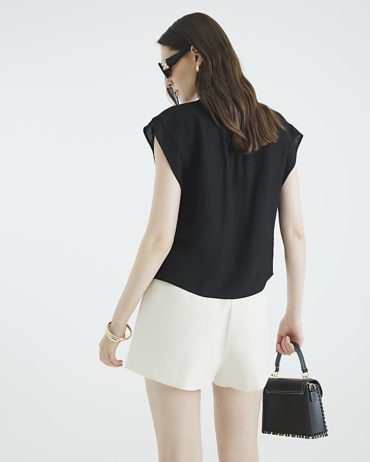 Black Linen Blend Short Sleeve Tie Front Top