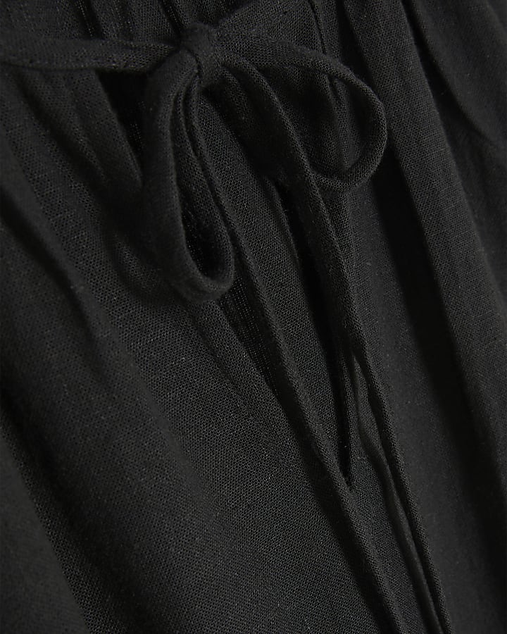 Black Linen Blend Short Sleeve Tie Front Top