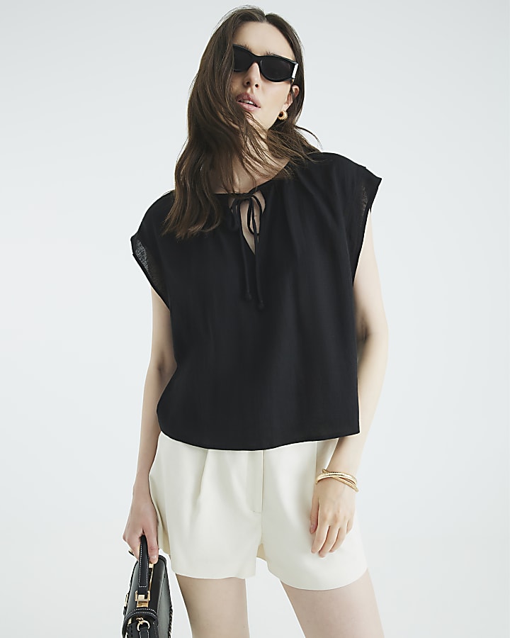 Black Linen Blend Short Sleeve Tie Front Top