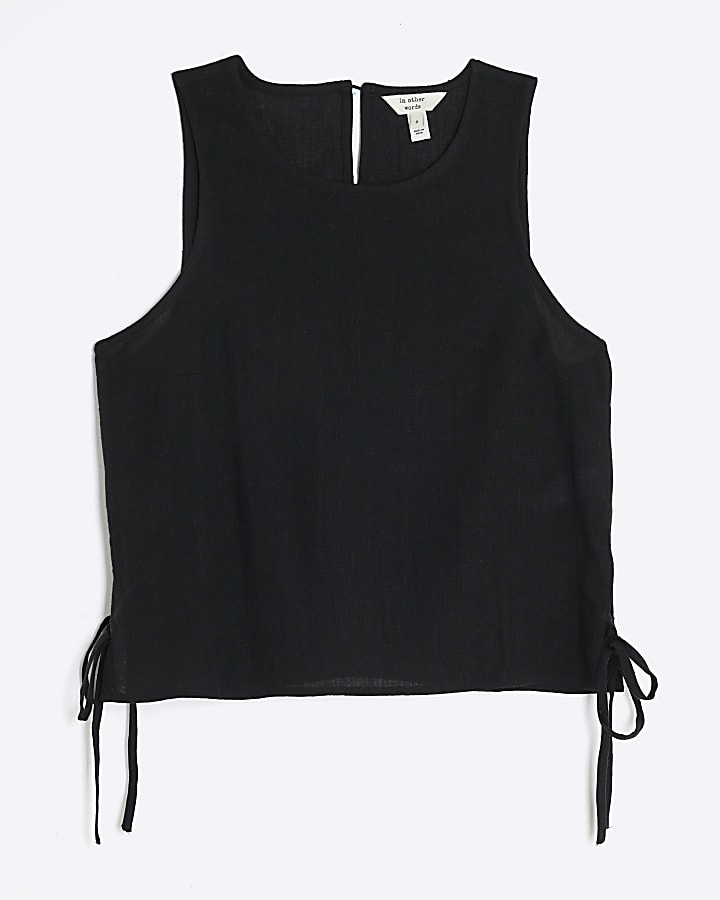 Black Linen Blend Sleeveless Tie side Top