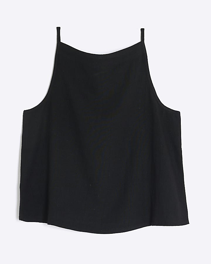 Black Linen Blend Sleeveless Boat Neck Top