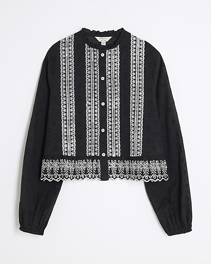 Black Long Sleeve Broderie Blouse