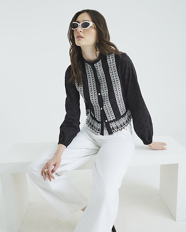Black Long Sleeve Broderie Blouse