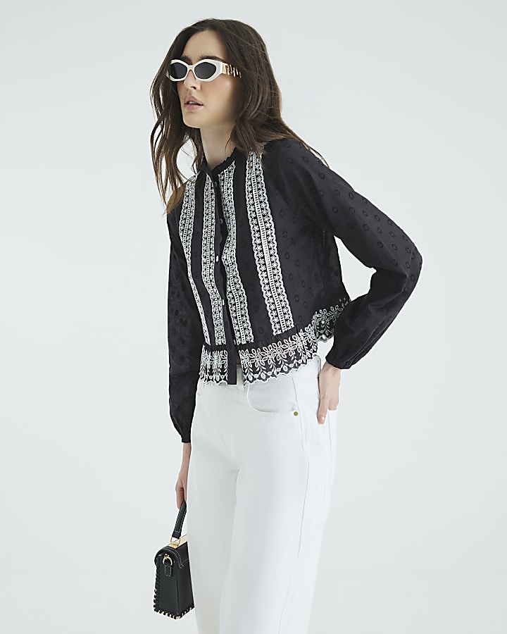 Black Long Sleeve Broderie Blouse